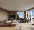 Open concept living room with dining area, couch, center table, TV, windows, balcony