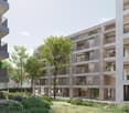 3 story apartment buildings, multiple balconies, trees and plants outside
