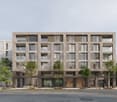 modern apartment building, concrete exterior, large windows, multiple balconies