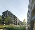3 story building, multiple balconies, green spaces, several outdoor seating areas