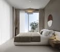 white bed, white nightstand, wooden nightstand, nightstand lamp, throw pillows, bedside lamp, round mirror, ceiling lamp, large windows, gray curtains, balcony, vase with plant