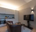 modern interior, leather sofa, glass table, flat screen tv, kitchen area, stove