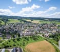 Aerial view of a village with many houses, green fields, and trees. The houses are of different sizes and styles, some with solar panels on the roofs. The village is surrounded by green fields and trees, with a road leading to it. In the distance, there a