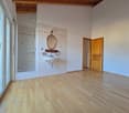 empty room, wooden floor, white walls, glass door, shower, sink, mirror