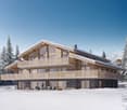 chalet with multiple balconies, wood and stone exterior, snowy environment, modern architecture