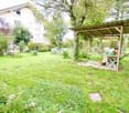 A garden with a wooden shed, a table, a wheelbarrow, a ladder, and a hammock.