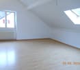 empty room, wooden floor, white walls, two windows, one with a view, attic ceiling, skylight