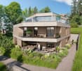 Modern house, 3 floors, glass balconies, garden, patio, trees, pathway
