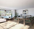 modern living room with large windows, wooden floor, white couch, dining table, green chairs, modern lamps, painting, plants, table with fruits
