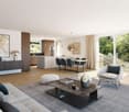 modern living room with wooden floor, large windows, balcony, dining table, chairs, couch, coffee table, lamps, artwork, rug