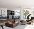 modern living room, white walls, wooden floor, large windows, open kitchen, dining area, modern furniture, artwork, plants