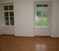 empty room, hardwood floor, two windows, white walls, heating