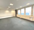 empty room, large windows, gray floor, white walls, ceiling lights, radiators