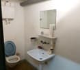 small room with toilet, sink, mirror and wall shelf