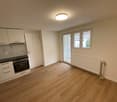 modern kitchen with white cabinets, wooden floor, white walls, large windows, built-in oven, sink, faucet, radiator