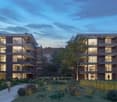 Apartment complex with balconies, multiple floors, modern architecture, landscaped garden, trees, street lighting