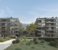 Two modern apartment buildings, multiple floors, multiple balconies, garden area, walkway