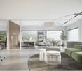 modern office space with glass walls, white furniture, large windows, greenery, modern lighting, open layout
