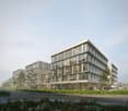 Modern office building, glass facade, multiple floors, landscaped area, people walking