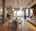 A modern cafe with wooden floors, white walls, and a glass wall overlooking the outside. There are tables and chairs, a counter with a display case, and a few potted plants. There are also picture frames on the wall.