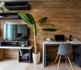 Wooden wall panels, TV stand with shelves, laptop on desk, potted plant, wooden chair