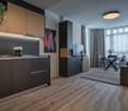 Modern studio apartment with open-plan kitchen and living area. The kitchen features dark cabinets and a dishwasher. The living area has a sofa, a TV stand, and a dining table. Large windows provide natural light and a view. The apartment has a minimalist
