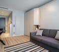 Modern and minimalist living room with hardwood flooring, gray sofa, built-in storage cabinets, and a striped area rug. The room also features a desk area and a dishwasher is visible.