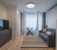 minimalist design, wooden floor, gray couch, black coffee table, TV on stand, rug