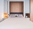 Spacious bedroom with a wooden accent wall, a large bed with gray bedding, a built-in wardrobe, and a decorative lamp on the side table.
