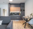 The image shows a modern studio apartment with an open-plan layout. The kitchen area features gray cabinets and drawers with wooden accents, as well as a built-in dishwasher. The living area has a gray sofa and a dining table with chairs. The apartment ha