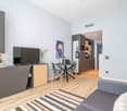 modern living room with a sofa, tv cabinet, a table with chairs, and a rug