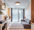 Spacious living room with large windows, gray sofa, wooden shelving unit, potted plants, and a striped area rug. The room has a modern, minimalist design with a concrete-style ceiling and wooden accents.