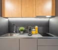 modern kitchen with wooden cabinets, stainless steel sink, induction cooktop, coffee machine, potted plant, glass jars, under cabinet lighting