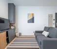 Living room with a gray couch, a flat screen TV, a wooden entertainment center, a striped rug, and a picture on the wall.