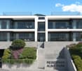 Modern house, white and gray, glass walls, multiple floors, garage, balcony