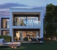 Contemporary 2 story house, large windows, white exterior, large balcony, garden, outdoor seating area, open floor plan, modern furnishings