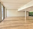 large room with hardwood floors, glass walls, modern architecture, large entrance