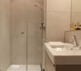 Modern bathroom with glass shower enclosure, sink, and mirror.