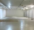 Empty room with white walls, concrete floor, metal fences, and ceiling lights