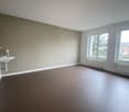 empty room, white walls, brown floor, white sink, two windows, radiators