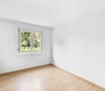 empty room, white walls, wooden floor, window with view of trees