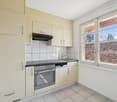 modern kitchen with white tiles, stainless steel appliances, cabinets, sink, window