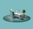 Office desk: monitor, lamp, chair, printer, potted plant