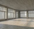 large windows, concrete walls, concrete floor, empty room