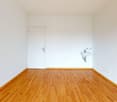 empty room, white walls, wooden floor, mounted sink, power outlets