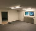Empty room with white walls, gray carpeted floor, radiator, and a window overlooking outdoor scenery.