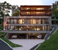 3 story house, modern design, 4 car garage, raised ground floor, multiple balconies