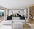 white sofa, wooden coffee table, wooden floor, large windows, balcony, view