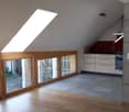 wooden floor, large windows, kitchen, balcony, skylight