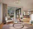 modern living room with wooden floor, large windows, sliding glass doors, balcony, round coffee table, flowers, round ceiling lamp, floor lamp, rug, elephant toy, dining table, chairs